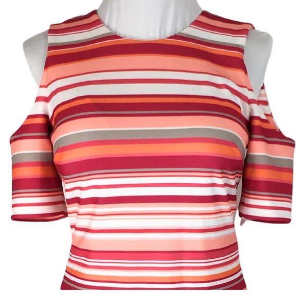 Calvin Klein HIBISCUS Pink Orange Striped Cold Shoulder A-Line Midi Dress size 6 - Picture 7 of 16